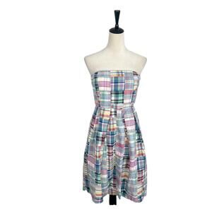 J. CREW Madras Plaid Patchwork Strapless Cotton Mini Dress Coastal Y2K Size 2